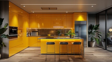 Obraz premium A kitchen with bright yellow cabinets, a sleek island, and high-end appliances, creating a vibrant and inviting space