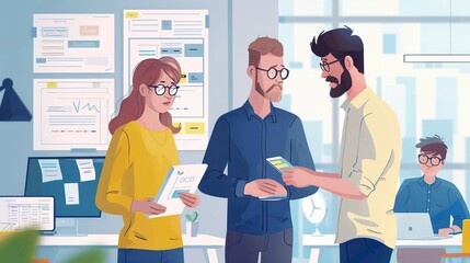 Two tech startup founders discussing app developments on a tablet, tweaking features based on feedback from the development team working in the background, office, business.