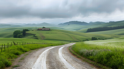 A quiet country road winding through rolling hills, with muted green fields on either side and a few scattered farmhouses under an overcast sky - Powered by Adobe