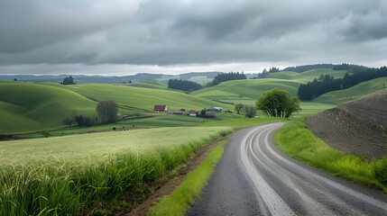 Fototapeta premium A quiet country road winding through rolling hills, with muted green fields on either side and a few scattered farmhouses under an overcast sky