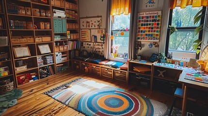 A homeschooling setup with educational posters and supplies in a room