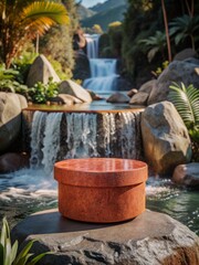 Fototapeta premium Elegant Round Podium for Product Display in Serene Natural Waterfall Setting with Lush Greenery and Rocks