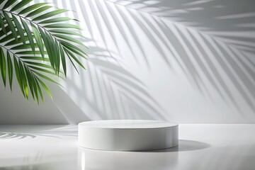 Minimalist White Podium for Product Display with Tropical Palm Shadows in Modern Studio Setting
