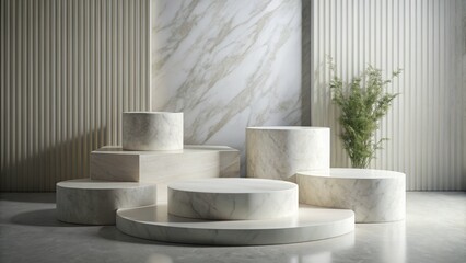 Fototapeta premium Elegant Marble Podium Display for Product Presentation in Modern Minimalist Setting with Natural Light and Greenery