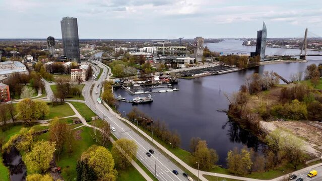 City Road With Zunda Towers In Riga, Latvia - Aerial Drone Shot