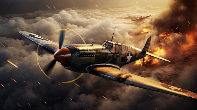 Photograph of a vintage World War II Spitfire fighter plane engaged in a dogfight with a Messerschmitt Bf 109 