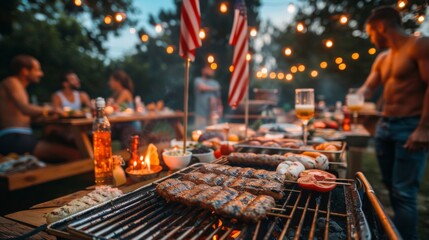 A man is grilling food and smiling while a group of people watch. The atmosphere is lively and social