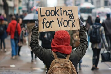 A jobless person holding a sign that reads "Looking for Work" on a busy street