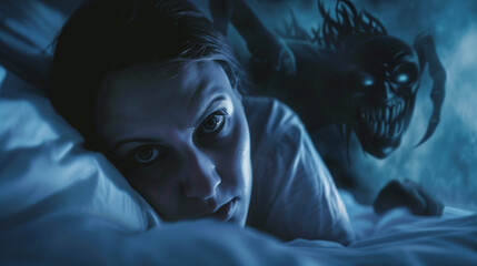 Obraz premium Frightened woman in bed with a demon-like figure looming.