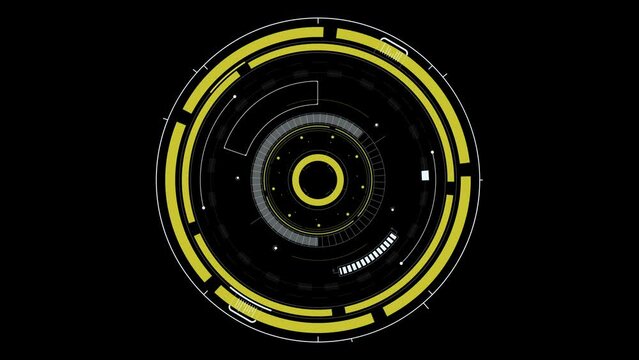Yellow concentric Hud circles spinning. Computer generated ring on black background