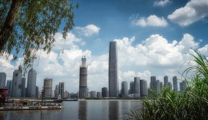 city skyline with clouds