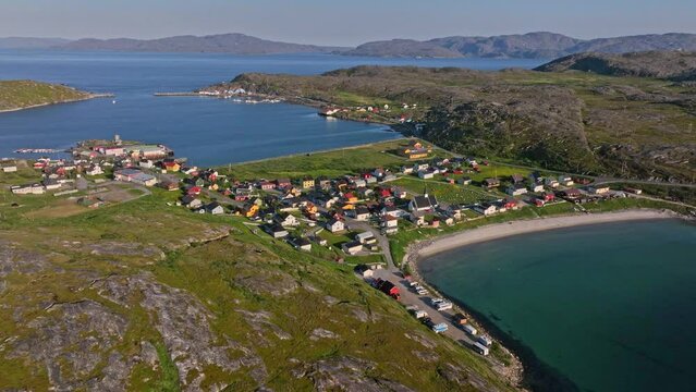 Aerial overview of the town center of Bygones, summer evening in Pykeija, Norway