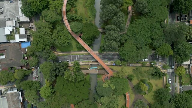 Aerial view of Infinity Link Bridge at Tebet eco park Jakarta, Indonesia.