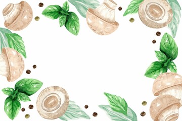 Frame from mushroom champignon, basil and peppercorns. Hand drawn watercolor illustration on white background. Template for design banner, cards, flyers.