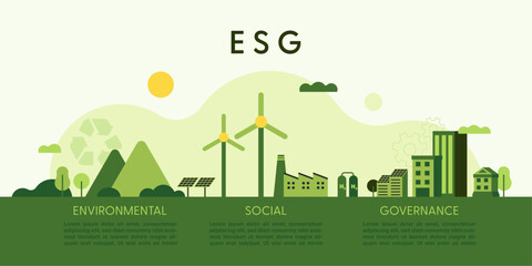 ESG concept, Environmental, Social and Governance. Green eco landscape background. Flat minimal style. Vector Illustration.