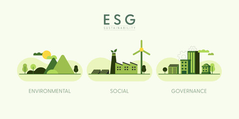 ESG concept, Environmental, Social and Governance. Set of Green eco landscape background. Flat minimal style. Vector Illustration.
