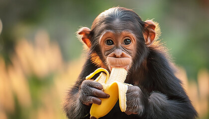 Young chimpanzee in the jungle eating a banana