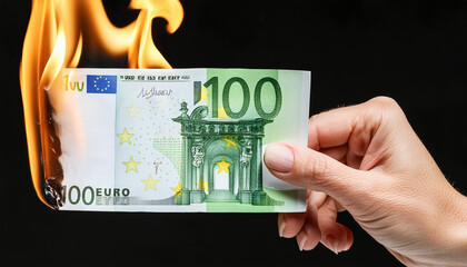 Hand holding burning 100 euro banknote 
