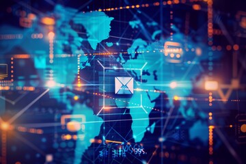 An encrypted email icon overlay on a world map, representing global secure communication
