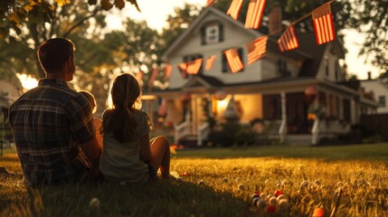 A family watching a 4th of July parade from their front lawn, decorated with American flags