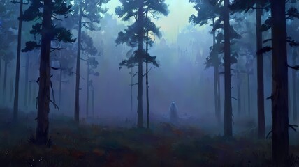Abstract impressionism painting of misty forest, redwood pine trees
