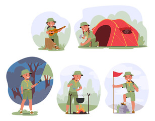 Fototapeta premium Group Of Young Scouts Enjoying Various Outdoor Activities. Kids Playing Guitar, Setup Tent, Hiking, Cooking On Campfire