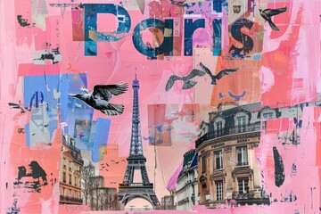 Vintage Parisian Dreams. A vintage magazine cutout collage of Paris in pastel pink and blue hues, featuring the Eiffel Tower, charming buildings, and birds flying around. 