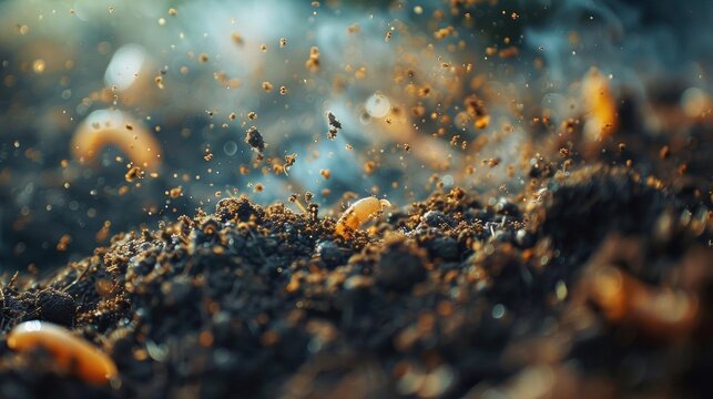 Macro shot of soil microbes interacting with organic matter, showing decomposition process