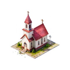 Fototapeta premium Isometric realistic 3D buildings. Little countryside church on white background. Digital illustration ultra detailed.