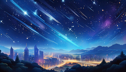夜空に星が流れる町の景色