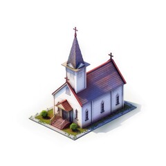 Fototapeta premium Isometric realistic 3D buildings. Little countryside church on white background. Digital illustration ultra detailed.