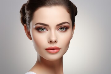 Fototapeta premium A gorgeous European model woman, striking caucasian model displays her expertly applied cosmetic makeup in close-up shot against a pastel earthtone backdrop.