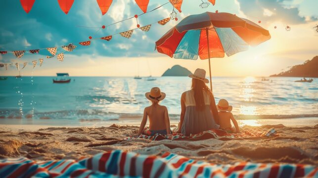 A family enjoying a Fourth of July picnic at the beach, with patriotic umbrellas and decorations