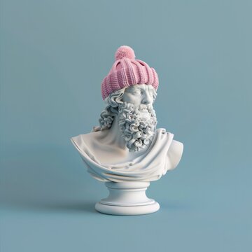 Sculpture of Socrates wearing a whool hat on grey background. Frontal view, high resolution.
