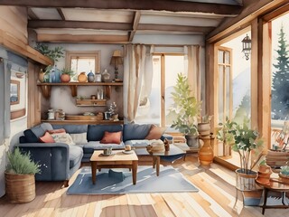 Fototapeta premium Cabin Watercolor Outdoor Illustration Art