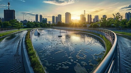 Fototapeta premium Advanced wastewater treatment with AI control, urban setting, sunny afternoon, scifi style, bright and sleek, showcasing modern technology
