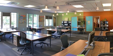 Community office space, bulletin boards, communal desks, lively, balanced lighting. 