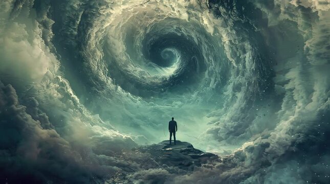 Man standing at the center of an abyss with swirling clouds, dramatic and intense scene
Seamless looping 4k time-lapse virtual video animation background. Generated AI
