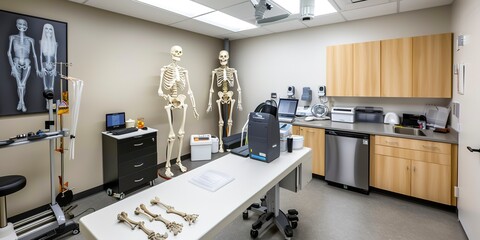 Orthopedic consultation room, model skeletons, x-ray viewer, bright, functional light. 