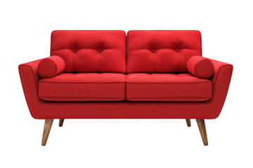 A red couch with wooden legs and pillows