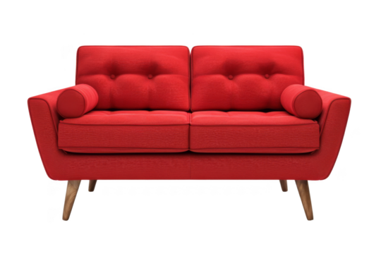 A red couch with wooden legs and pillows