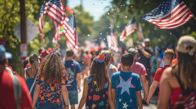 A community gathering for a 4th of July parade, with participants waving American flags