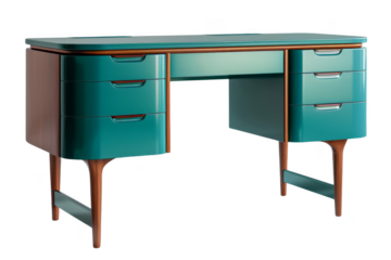A blue desk with wooden legs and drawers