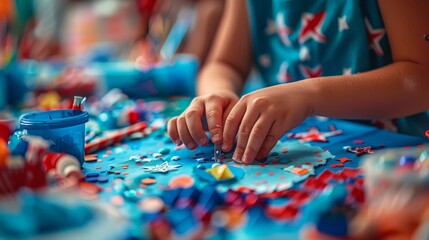 Obraz premium A close-up of hands preparing a patriotic craft at a Fourth of July event, with bright supplies and decorations
