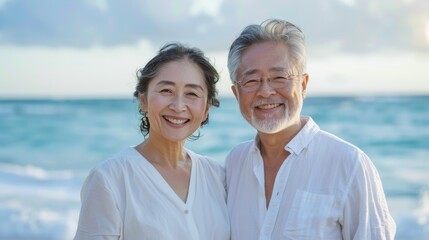 Obraz premium Joyful Golden Years:a happy senior Asian couple, smiling warmly, both showcasing light skin tones and the graceful marks of age.