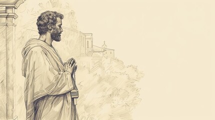 Deep prayer of Saint Titus holding a cross, serene church background. Piety and missionary dedication, peaceful and holy atmosphere. Biblical Illustration, Beige Background, copyspace.