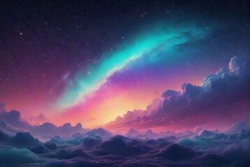 Ethereal Fantasy Landscape with Rainbow Nebula and Pink Clouds