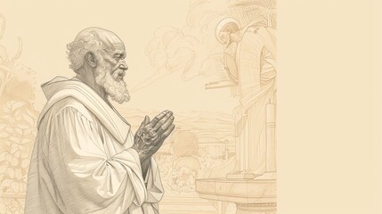 Fototapeta premium Devotion of Saint Agapitus II in deep prayer, holding a cross. Simple attire, serene expression, peaceful church setting. Biblical Illustration, Beige Background, copyspace.