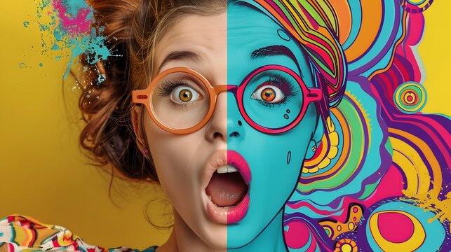 Surprised Girl s Face Split with Vibrant Psychedelic Cartoon Counterpart