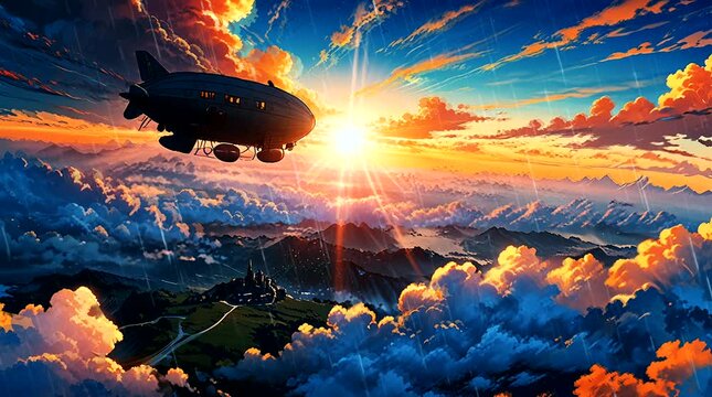 submarine flying in the sky with beautiful clouds